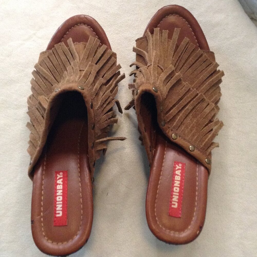 UNIONBAY "Makena" "8.5" Sueded Fringed Open Toed Clogs, Hippie Vibes, Bohemian